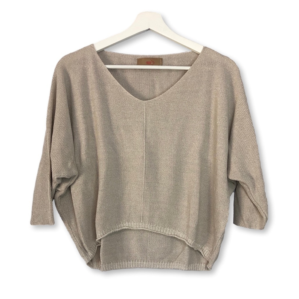 Free For Humanity Beige Metallic Dolman V Neck Sweater Small